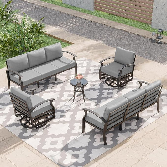 Kurapika Aluminum Patio Furniture Set 8-Seat Modern Metal Outdoor Conversation Sets w/Swivel Rocking Chairs Patio Sectional Sofa w/5.1 Inch Cushion, Grey