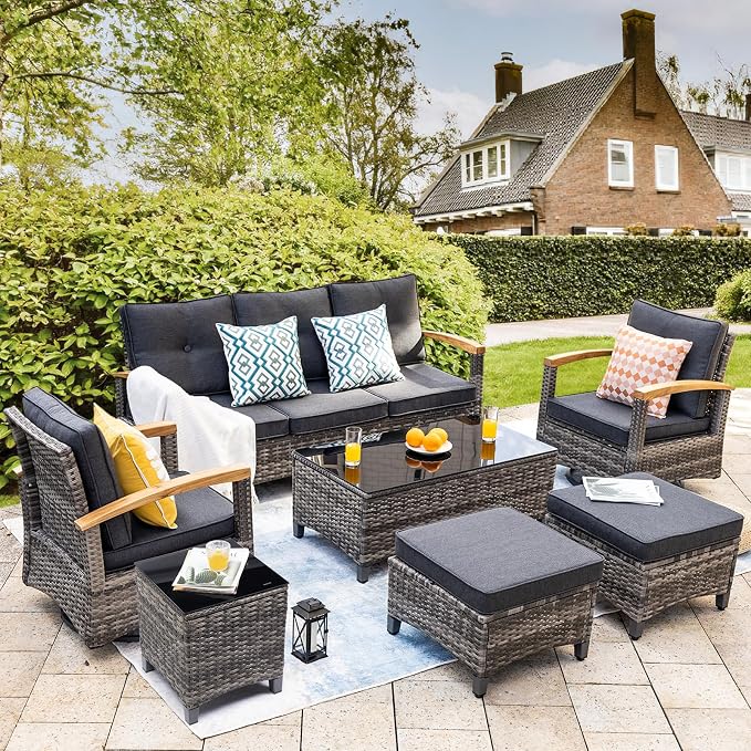MEISSALIVVE 7 Pieces Patio Furniture Sets,PE Wicker Outdoor Conversation Sets with 2 Wood Armrests Swivel Rocker Chairs, 2 Ottoman, 3-seat Sofa and Coffee Table(Grey)