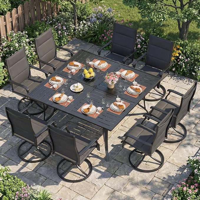 Tangkula 60" x 60" Metal Patio Dining Table for 8, Square Heavy Duty Outdoor Dining Table with Umbrella Hole, 8-Person Outside Dining Furniture for Porch, Garden, Balcony and Backyard