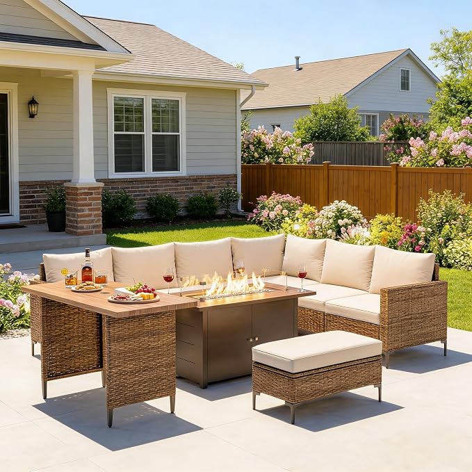 LAUSAINT HOME 9 Pieces Outdoor Patio Furniture Set with 43" Fire Pit Table, PE Wicker Sectional Conversation Sofa with Adjustable Backrests, Storage Ottoman & Wood Table, Beige