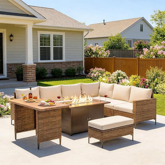LAUSAINT HOME 9 Pieces Outdoor Patio Furniture Set with 43" Fire Pit Table, PE Wicker Sectional Conversation Sofa with Adjustable Backrests, Storage Ottoman & Wood Table, Beige