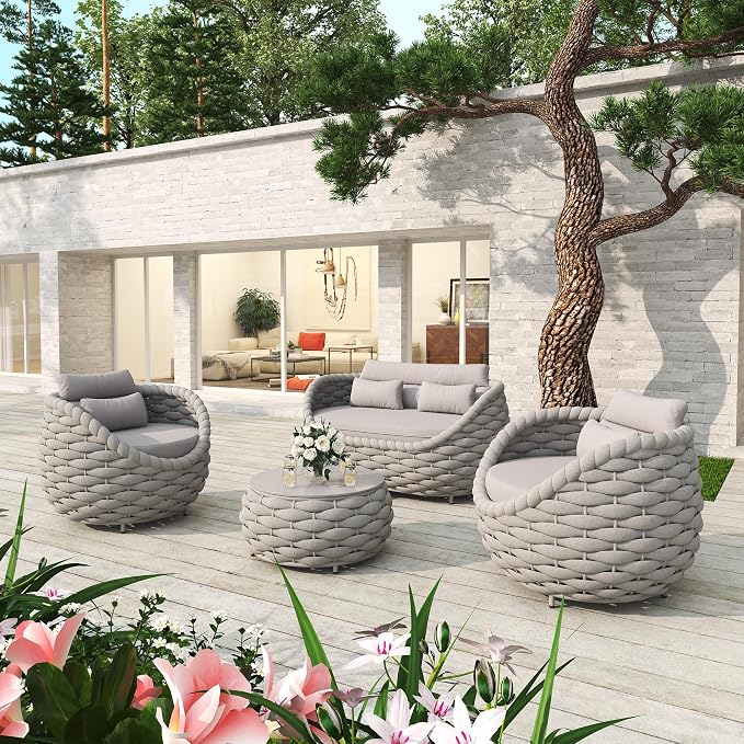 4 Pieces Set Aluminum Outdoor&Indoor Sofa, Modern Patio Furniture Set Conversation Set with Soft Cushion and Coffee Table for Balcony Garden，Grey
