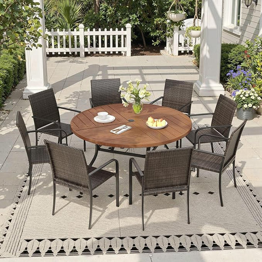 Outdoor Dining Set for 8, 53.1" Metal Round Outdoor Dining Table with Umbrella Hole and Wicker Stackable Patio Chairs, 9 Pieces Patio Table and Chairs Set for Garden Backyard, Walnut
