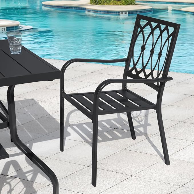 NUU GARDEN 5 Piece Outdoor Dining Set, 4 Stackable Chairs and 37 Inch Square Slatted Table with 1.6'' Umbrella Hole for All Weather Patio Furniture Set for Garden, Backyard, Poolside and Lawn, Black