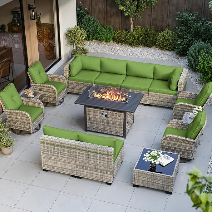 14-Piece Outdoor Patio Furniture Set with Rocking Swivel Chair, Wicker Rattan Sectional Sofa Conversation Set with 55,000 BTU Fire Pit Table, Backyard Furniture, Avocado Green