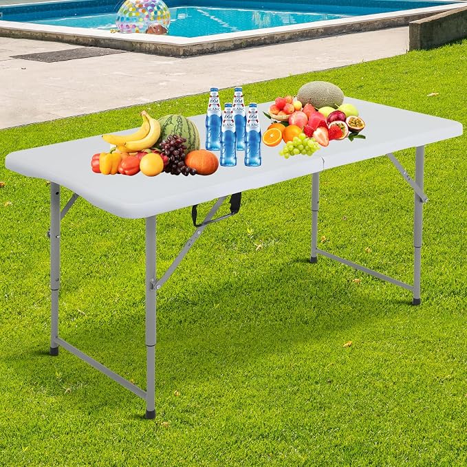 Plastic Folding Table, 4FT, White, Adjustable Height, Indoor/Outdoor, Party Dining, Utility