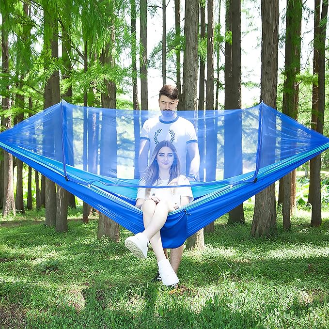 LFL Camping Hammock with Mosquito Net, Hammocks with Net, 1 & 2 Persons Outdoor Portable Tree Straps Swing Hammock, Nylon Parachute Outside Material Hammocks with Bug Net, Blue