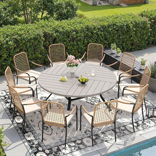 DIFY 11 Pieces Outdoor Dining Set, Metal Patio Table and Chairs Set for 10, 59.8" Round Dining Table with Umbrella Hole & Wicker Stackable Patio Chairs with Cushions, Grey Wood-Like Tabletop