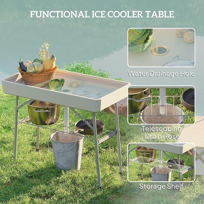 Outsunny Folding Ice Cooler Table with Drain, Fill and Chill, Tan, 40.6"L x 22"W x 32.3"H, Modern Picnic Table