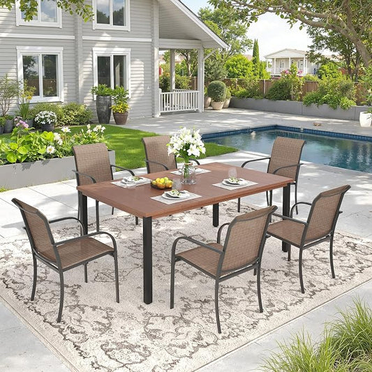 DIFY 7 Pieces Outdoor Patio Dining Set for 6, 63" Walnut Rectangle Metal Dining Table and 6 Brown Stackable Sling Dining Chairs, Outdoor Table and Chairs for Lawn Garden Backyard Deck