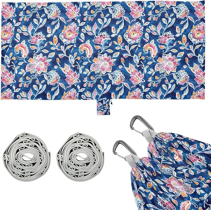 Camping Hammock Outdoor Hammocks for Outside Ethnic Paisley Watercolor Floral Beach Trees Portable Lightweight with Pockets Tree Straps Indoor