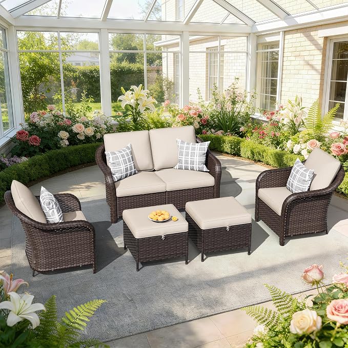 5 PCS Outdoor Conversation Set | 55" Couch, 2 Chairs, 2 Ottomans, Patio Wicker Conversation Furniture with Removable Cushions for Bistro, Deck, Sunroom (Beige)