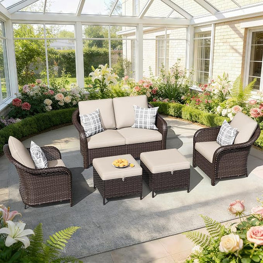 5 PCS Outdoor Conversation Set | 55" Couch, 2 Chairs, 2 Ottomans, Patio Wicker Conversation Furniture with Removable Cushions for Bistro, Deck, Sunroom (Beige)