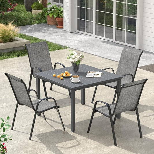 VICLLAX Square Outdoor Patio Dining Set, Metal Slatted Patio Table with Umbrella Hole and 4 Stackable Patio Chairs for Deck Lawn Garden, Grey Fabric and Dark Grey Tabletop