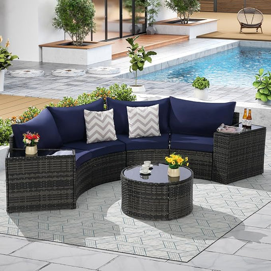 KEIKI Outdoor Patio Furniture 7-Piece Half-Moon Curved Sectional Sofa Set, All-Weather Wicker Patio Conversation Set with Round Coffee Table and 2 Storage Armrests for Poolside Backyard, Dark Blue