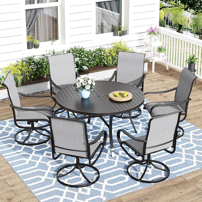 MFSTUDIO Patio Table and Chairs Set of 6, Round Outdoor Dining Set with Umbrella Hole, 7 Piece Patio Dining Set for Deck, Backyard, Poolside & Garden