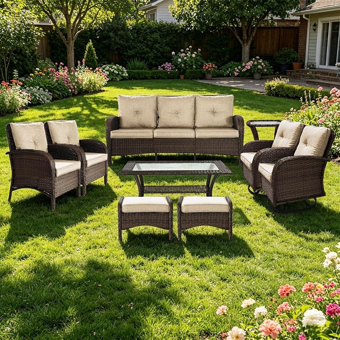 Outdoor Swivel Rocker Patio Chairs (Brown Wicker/Khaki Cushion, 9PC/Sofa & Swivel & Chair &2 Table& Ottomans)