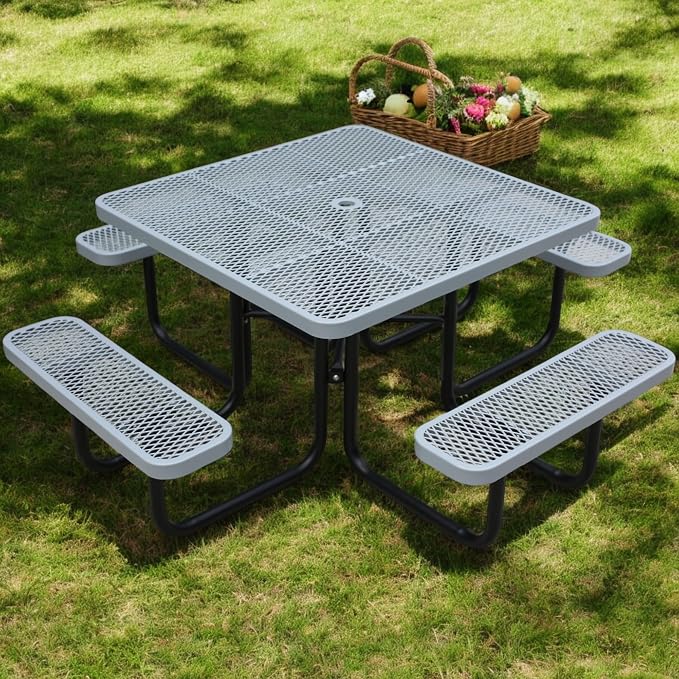 46" Square Picnic Tables for Outdoors,Commercial Metal Picnic Table Bench Set W/ Umbrella Hole,Restaurant School Canteen Tables W/Seats - Heavy Duty Sturdy Picnic Tables for Patio Garden Coffee Shop