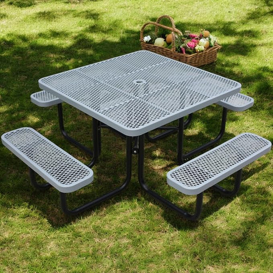 46" Square Picnic Tables for Outdoors,Commercial Metal Picnic Table Bench Set W/ Umbrella Hole,Restaurant School Canteen Tables W/Seats - Heavy Duty Sturdy Picnic Tables for Patio Garden Coffee Shop