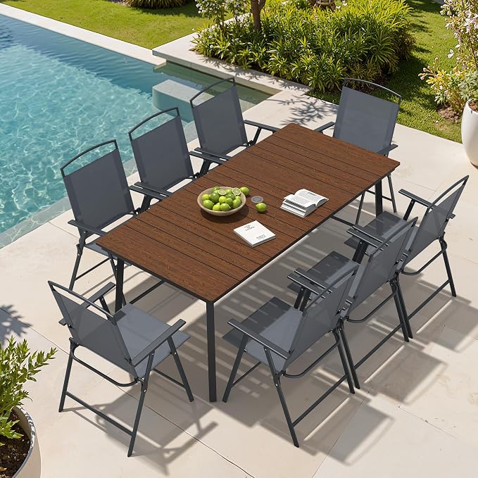 Crestlive Products 9 Piece Patio Dining Set, 70" Walnut Metal Outdoor Table and 8 Folding Chairs, with Umbrella Hole for Porch Poolside Yard Garden, Grey