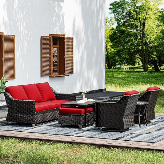 Joyside Wicker Patio Furniture Sets, 7 Pieces Upgraded Large Size Outdoor Furniture with Swivel Rocking Patio Chairs, 3-Seat Sofa, Outdoor Ottoman and Coffee Table, Thick Cushions, Wide Armrest