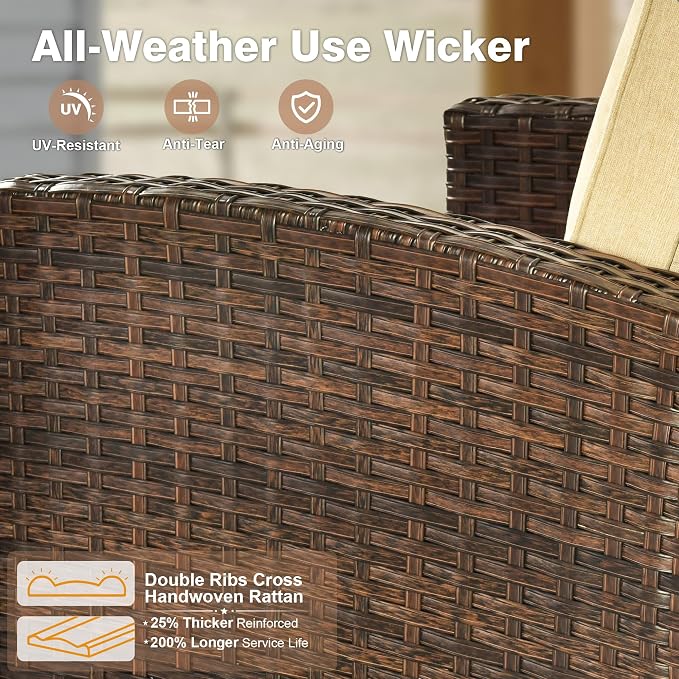 ovios 5 Pieces Patio Furniture Set, Outdoor Wicker Sofa Couch with Chairs Comfy Cushions, All Weather Brown Rattan Conversation Set for Backyard Deck Porch, Beige