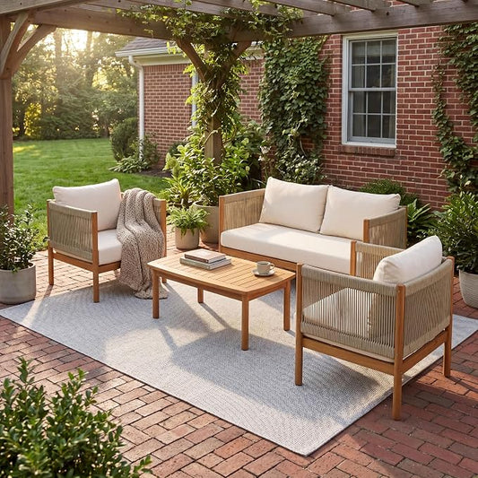 Merax 4-Piece Outdoor Sofa Set with Acacia Wood Frame in Teak Look, Beige Rope Panels & Cream Cushions, Patio Conversation Set with 2 Club Chairs, Loveseat & Coffee Table for Patio & Garden