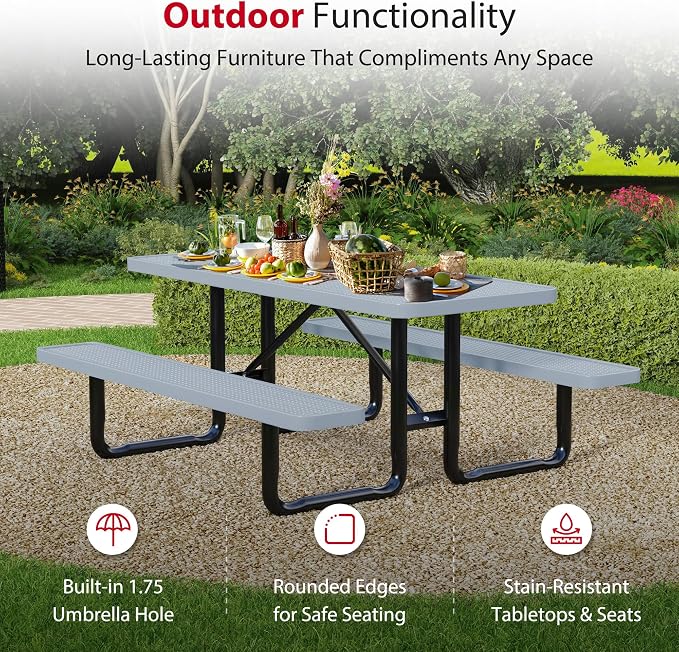 Leisure Craft Metal Picnic Table with Bench - 6 ft Rectangle Outdoor Dining Table for 6, Umbrella Hole, Weatherproof Heavy Duty Thermoplastic Coating, Commercial Grade Furniture Made in USA - Gray