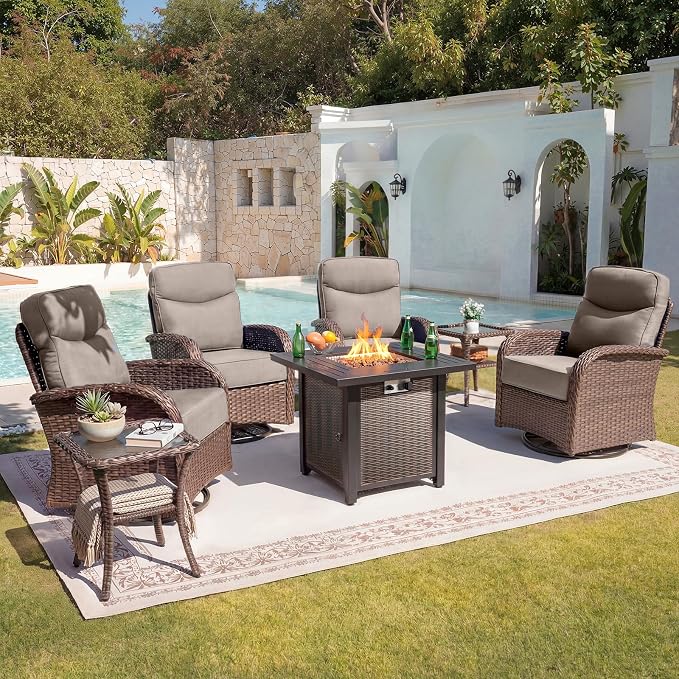 Belord Upgraded 6“ Cushion Luxury 7 Piece Patio Furniture Set with Fire Pit Table - Outdoor Furniture Set with High Back Swivel Rocker Patio Chairs, Conversation Set for Deck Porch Yard - Brown/Beige