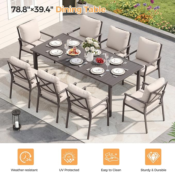 HAPPATIO Patio Dining Set, Metal Outdoor Table and Chairs Set for 8, Powder-Coated Metal Chairs with Thickened Cushions, 60" Rectangular Table with 1.5" Umbrella Hole for Deck Yard Lawn