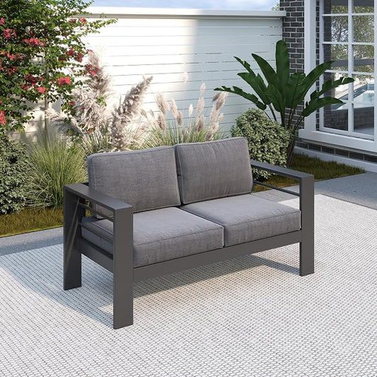 Solaste Outdoor Loveseat Aluminum Patio Furniture Sofa, All-Weather Metal Outdoor Couch with Cushions,Dark Grey