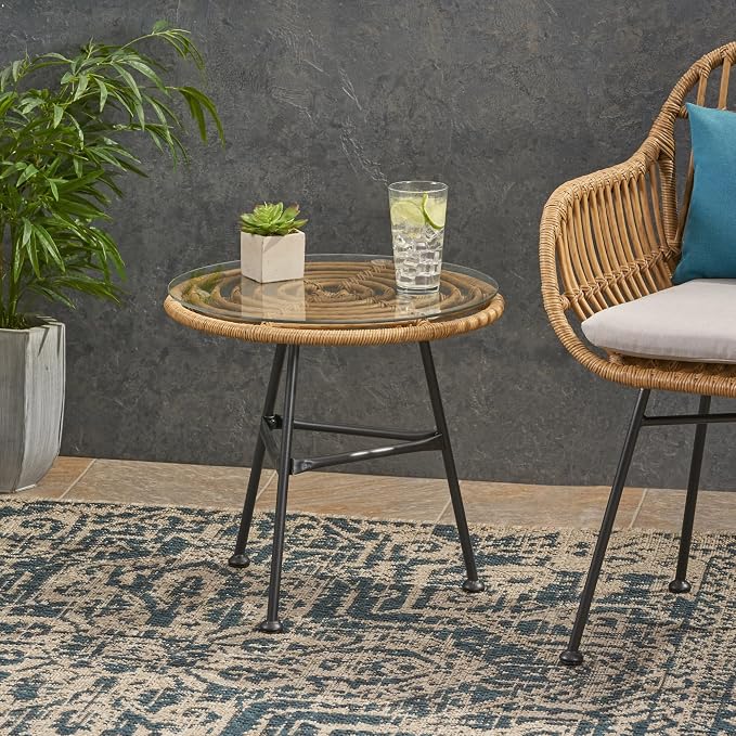 Penau Outdoor Round Faux Rattan Side Table with Tempered Glass Top, Steel Frame, Light Brown, 19.5 x 19.5 x 18.5 Inchs, Modern Balcony Porch Deck End Table