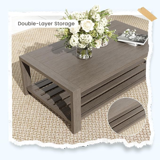 UDPATIO Aluminum Patio Furniture Set, Faux Wood Grain Modern Outdoor Furniture, 6" Cushions Metal Patio Conversation Sofa with Coffee Table for Poolside Deck, 5 PCS, Dark Grey(Include 600D Covers)
