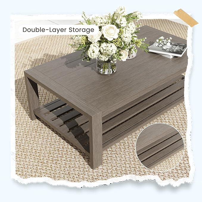 UDPATIO Aluminum Patio Furniture Set, Faux Wood Grain Modern Outdoor Furniture, 6" Cushions Metal Patio Conversation Sofa with Coffee Table for Poolside Deck, 7 PCS, Beige(Include 600D Covers)