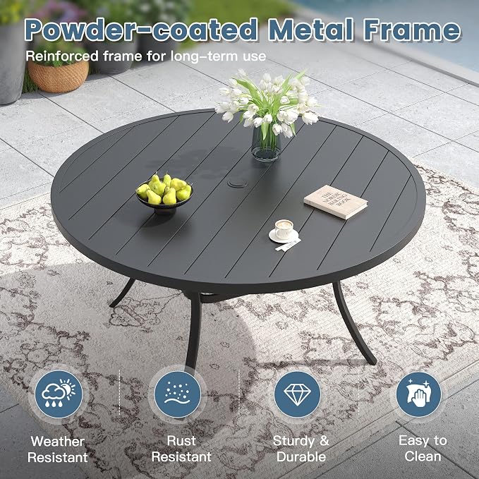 DIFY Outdoor Dining Set for 6, 7 Piece Patio Table and Chairs Set, Swivel Patio Dining Chairs with Blue Textilene & 53" Black Round Metal Dining Table with Umbrella Hole, for Garden Backyard Deck