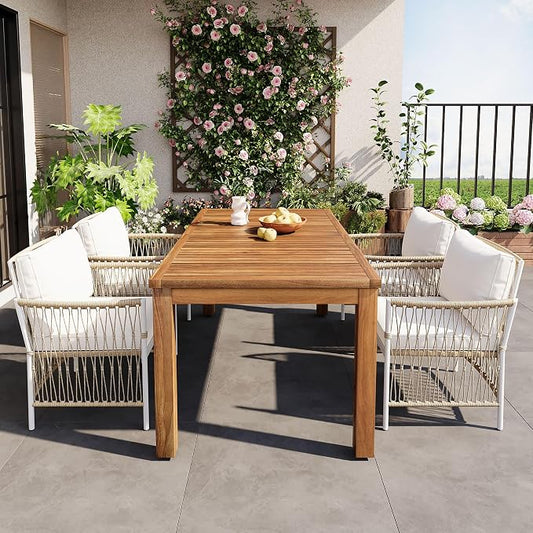 5-Piece Outdoor Patio Dining Set, All-Weather Acacia Wood 67''L Rectangular Dining Table with 4 Rattan Arm Chairs for Backyard, Garden, Poolside (Natural+R5)