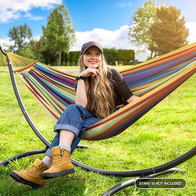 SUNCREAT Hammocks Heavy Duty Double Hammock with Spreader Bar, Carrying Bag, 475 lbs Capacity, Outdoor Hammock Swing, Rainbow