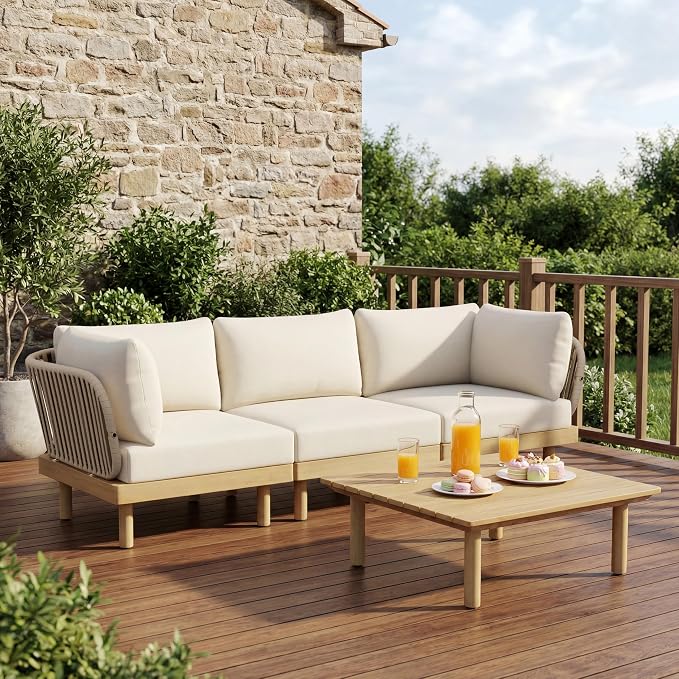 Christopher Knight Home John 4 Piece Patio Furniture Set with Slatted Coffee Table, Outdoor Sofa Set with Rope Back & Cushions, Modern Acacia Wood Sectional Conversation Set, Beige+Cream+Light Teak