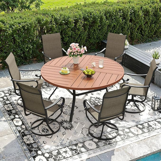DIFY 7 Piece Outdoor Dining Set for 6, 50" Walnut Round Metal Dining Table with Umbrella Hole and Swivel Patio Chairs with Brown Textilene Fabric, Patio Table and Chairs Set for Garden Backyard Deck