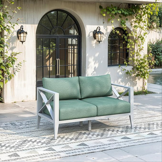 Aluminum Outdoor Patio Furniture Set, a Loveseat with 5.2" Thick Cushions, Patio Conversation Sets for Backyard,(White,2 Seats)