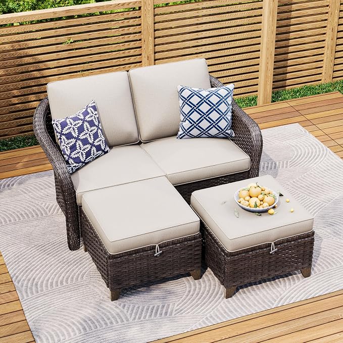 3 Pieces Patio sectional Sofa Set, Outdoor Conversation Furniture Set, 55" Patio Couch with 2 Ottomans, Rattan Wicker Sofa with Removable Cushions for Bistro, Deck (Beige)