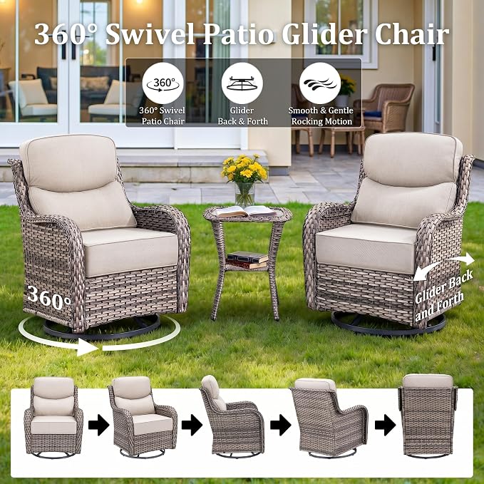 Luxury Outdoor Swivel Rocker Patio Chairs Set of 5, High Back Swivel Patio Chairs with Side Table 6-Inch Thick Cushions Ottomans, Wicker Outdoor Bistro Set for Porch, Yard, Deck, Poolside, Grey/Beige