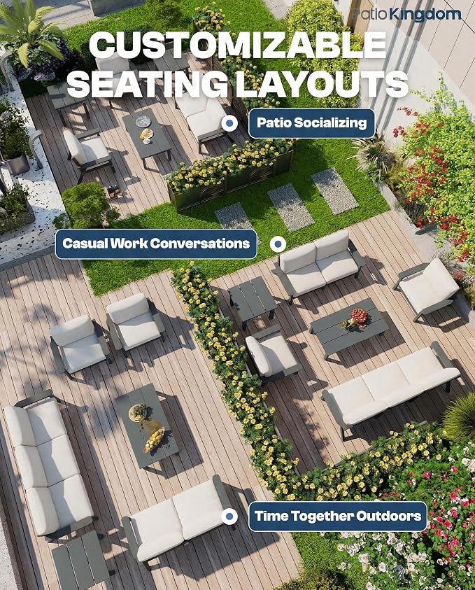 7 Piece Patio Conversation Sets, Outdoor Couch with Washable Thick Beige Cushions, HDPE Patio Furniture Set with 12FT Umbrella, Outdoor Sectional Furniture for Backyard (Grey Frame)