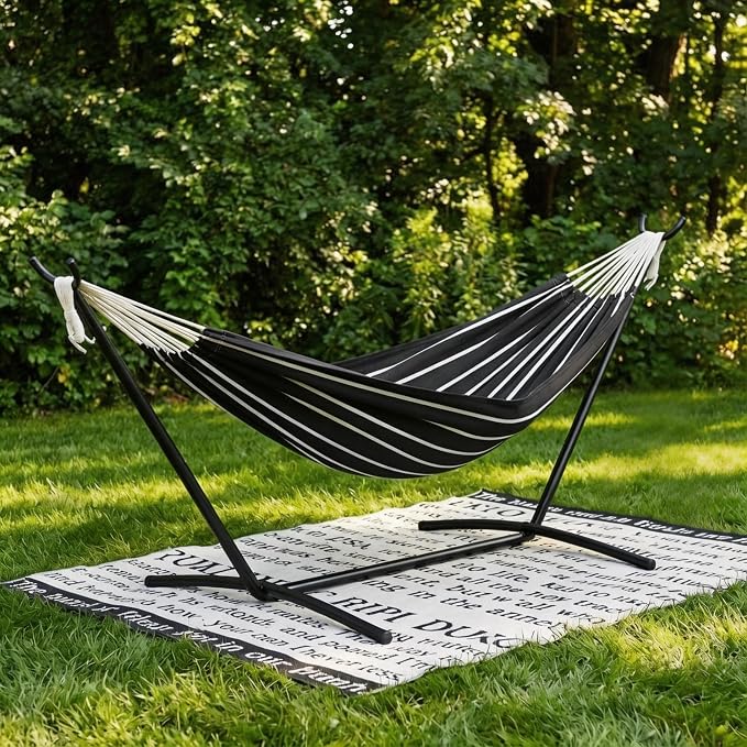 Double Hammock with Steel Stand - 2 Person Hammock Bed Indoor Outdoor, Brazilian-Style, with Carry Bag, 450lb Capacity, Portable & Easy Assembly, Chasm