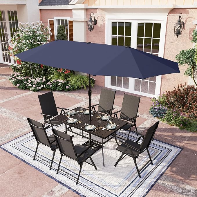 PHI VILLA Outdoor Patio Dining Set for 6 with Umbrella, Rectangle Patio Table Set with 6 Adjustable Folding Chairs(Black) & 13 Ft Navy Blue Umbrella (No Umbrella Base)