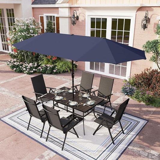 PHI VILLA Outdoor Patio Dining Set for 6 with Umbrella, Rectangle Patio Table Set with 6 Adjustable Folding Chairs(Black) & 13 Ft Navy Blue Umbrella (No Umbrella Base)