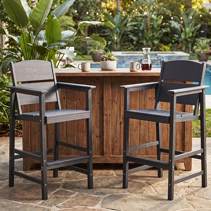 2 Pack Outdoor Bar Stools, HDPE Patio Bar Chairs with Armrests & Footrest, Weather Resistant All-Weather Counter Height Chairs for Outdoor Deck, Backyard, Poolside,Grey