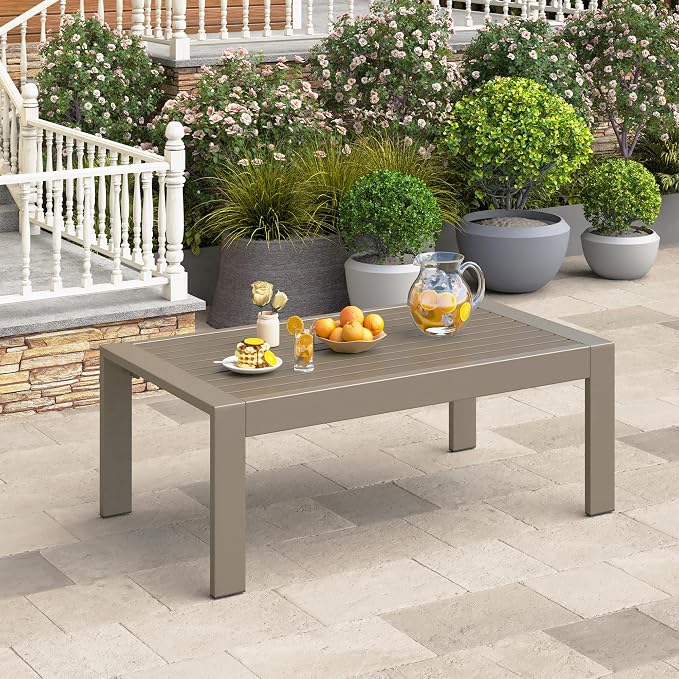 Wisteria Lane Outdoor Furniture Patio Coffee Table, Ourdoor Rectangle Coffee Table, All-Weather Outdoor Metal Coffee Table for Balcony, Garden, Deck, Backyard, Khaki