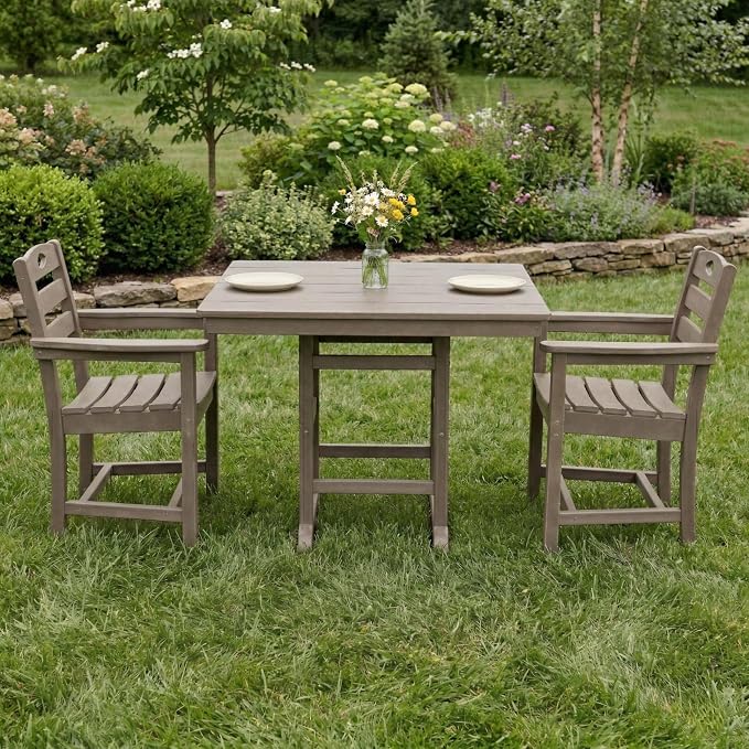 WILLIAMSPACE 37.8" Outdoor Patio Dining Set with 2 Armchairs, All Weather HDPE Square Dining Table with Umbrella Hole, Patio 3-Piece Bistro Set for Backyard, Balcony, Lawn, Kitchen (Brown)