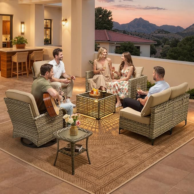 CAODOC Outdoor Sectional Patio Furniture Set,8 Pieces Wicker Conversation Sets L Shaped Couch,Out Door Sofa Outside Furniture with Swivel Chairs,Beige